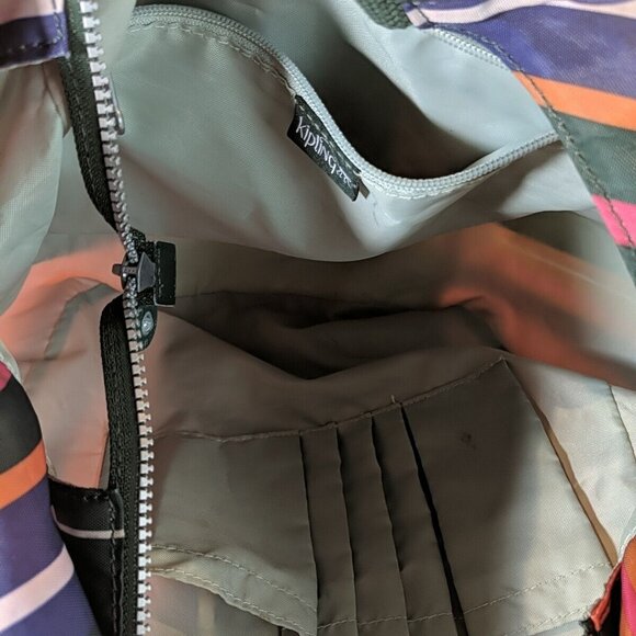 Kipling Striped Muticolor Shoulder Tote Bag Orange Green Large Canvas Straps - Picture 11 of 16
